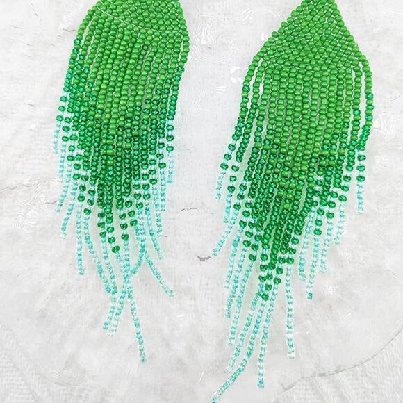 Green Bohemian Seed Bead Tassel Dangling Statement French Wire Hook Earrings - Picture 3 of 7